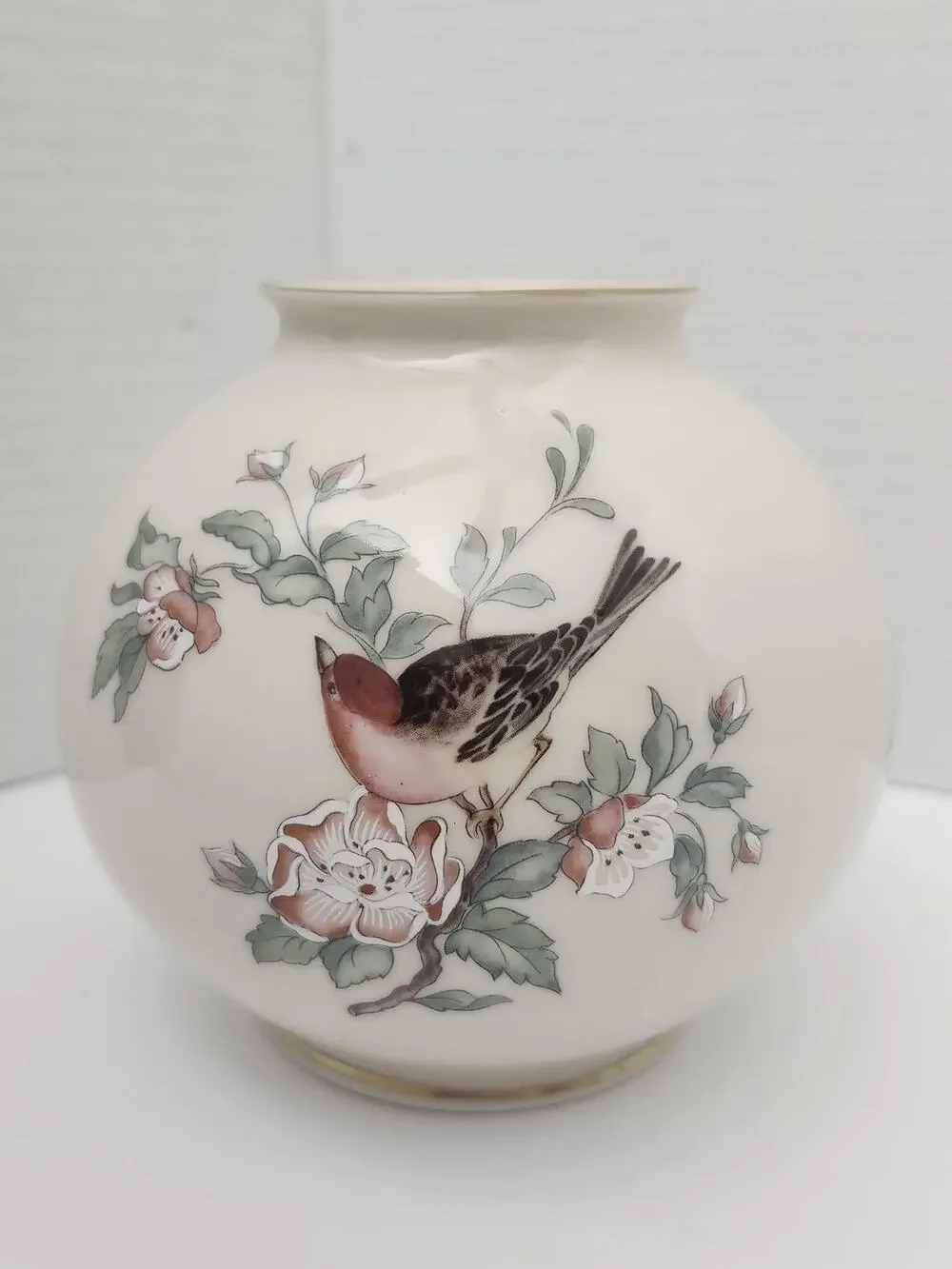 Vintage Lenox Serenade Small Globe Vase 24K Gold Trim Bird Floral Porcelain